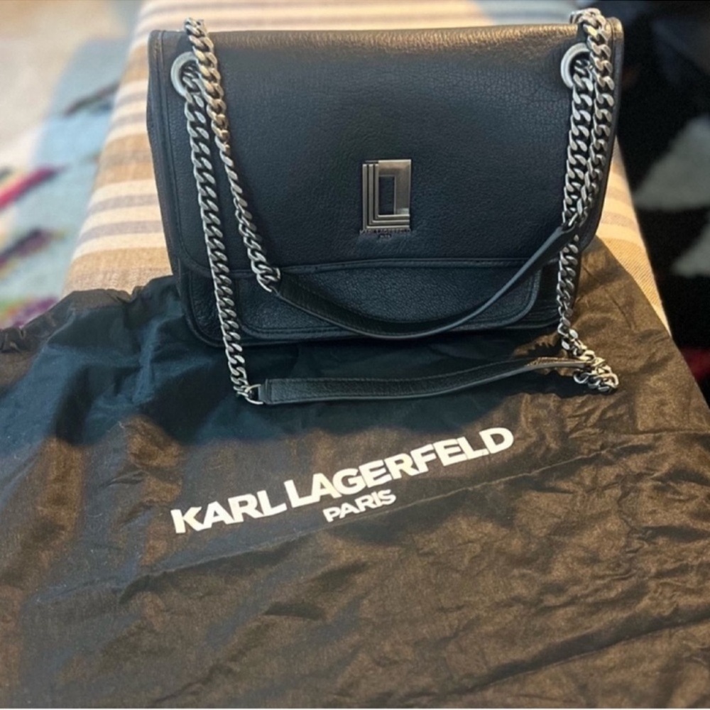 LIKE NEW! Karl Lagerfeld Lyon Black Leather Shoulder Bag satchel purse - Picture 4 of 16